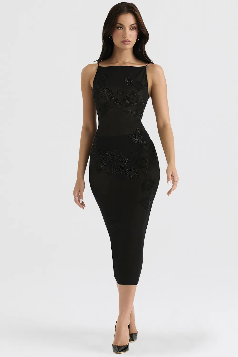 Amirah Black Mesh Crystal Embellished Midi Dress