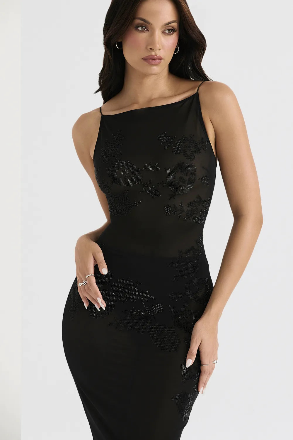Amirah Black Mesh Crystal Embellished Midi Dress