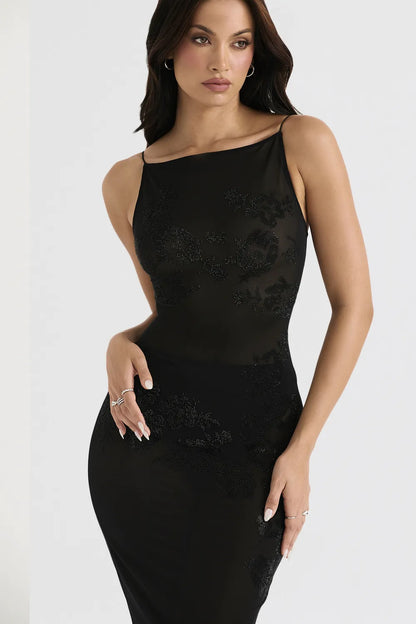 Amirah Black Mesh Crystal Embellished Midi Dress