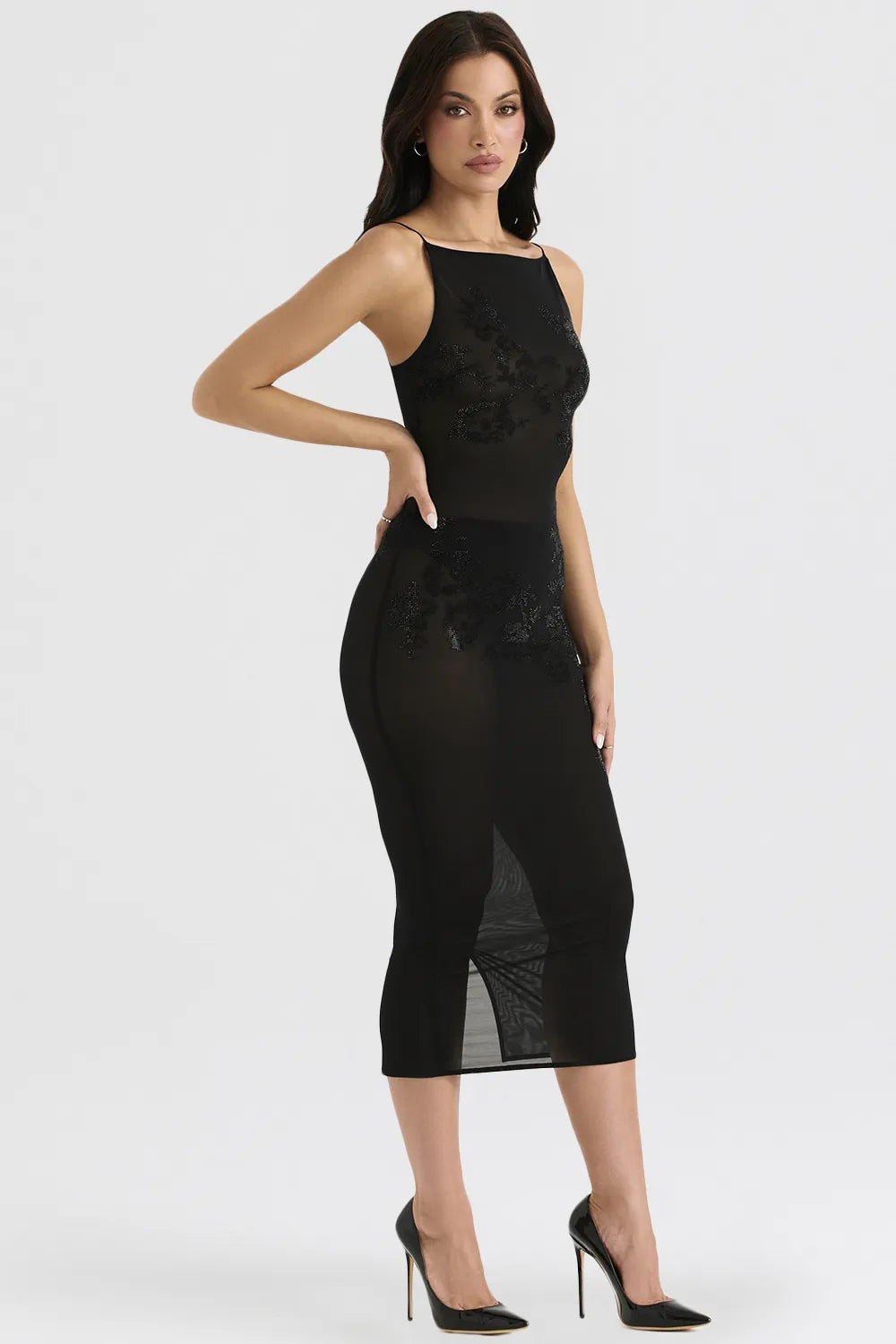 Amirah Black Mesh Crystal Embellished Midi Dress