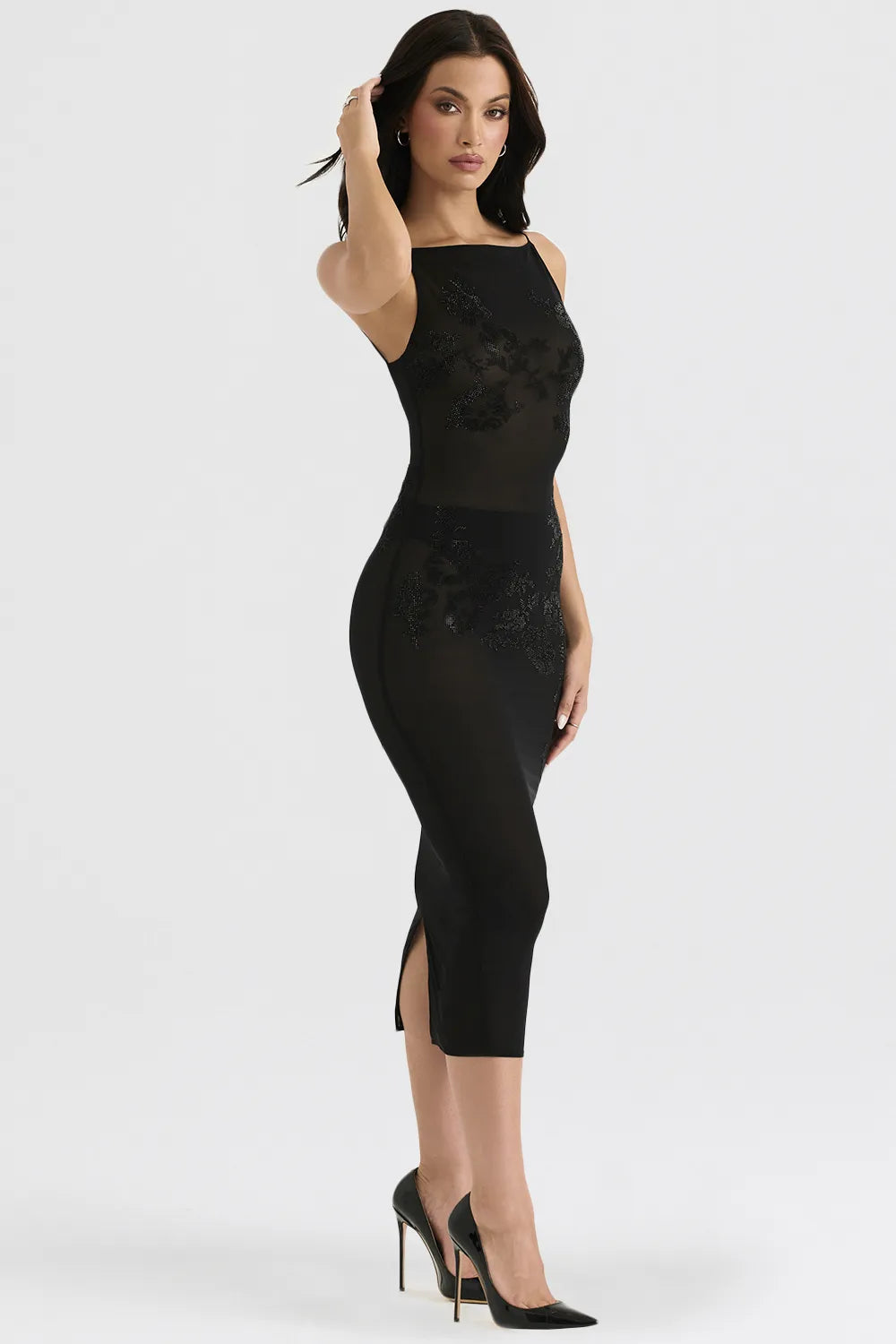 Amirah Black Mesh Crystal Embellished Midi Dress
