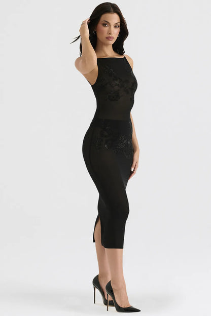 Amirah Black Mesh Crystal Embellished Midi Dress