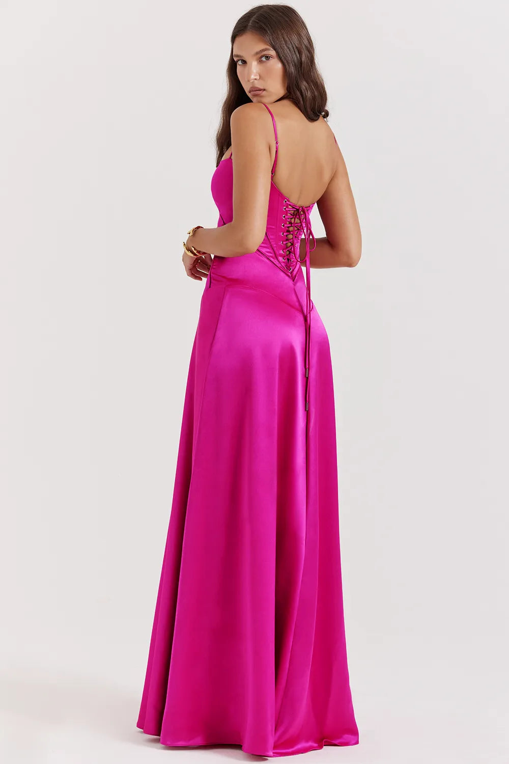 Anabella Fuchsia Lace Up Maxi Dress