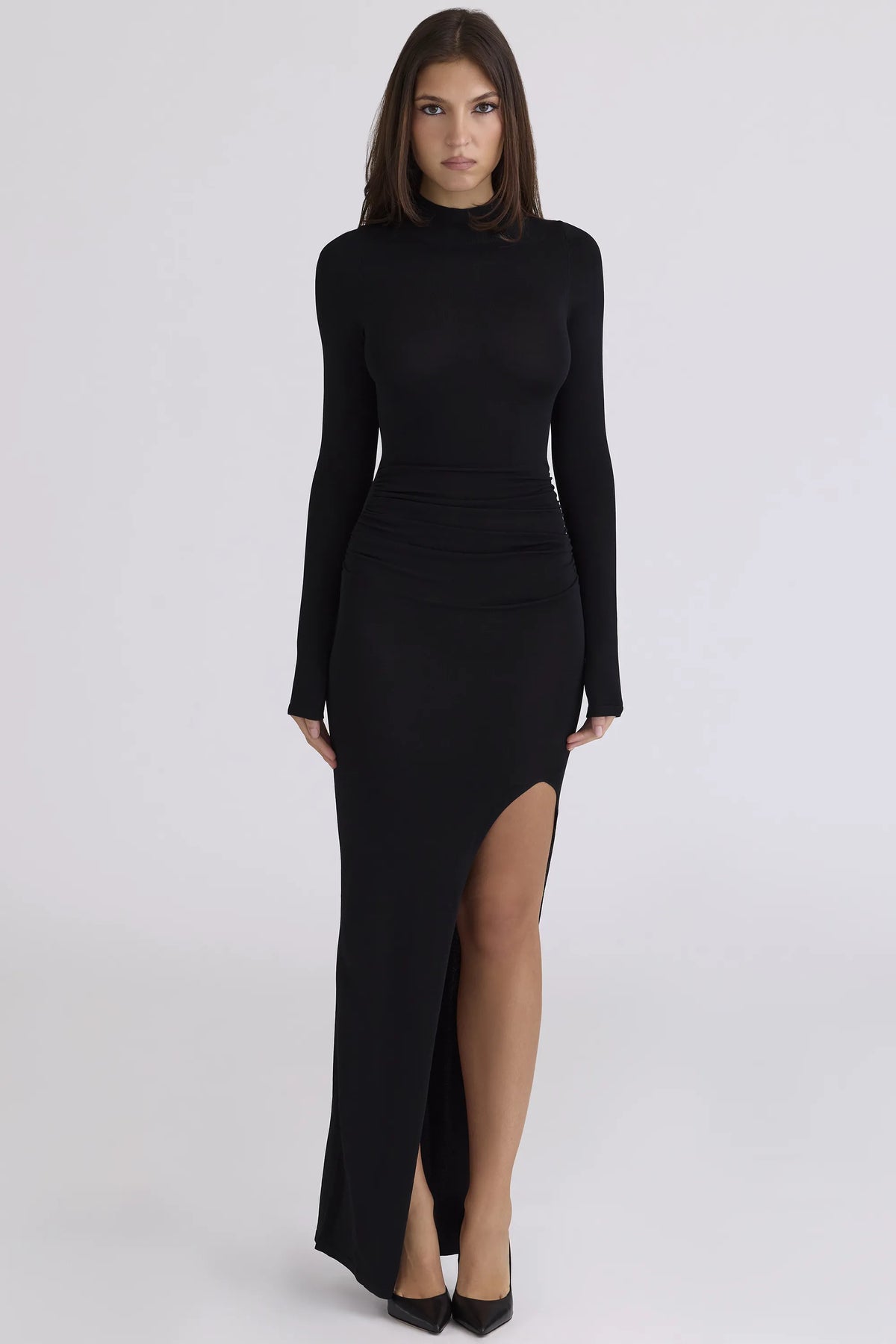 Anais Black Thigh Split Gathered Maxi Dress