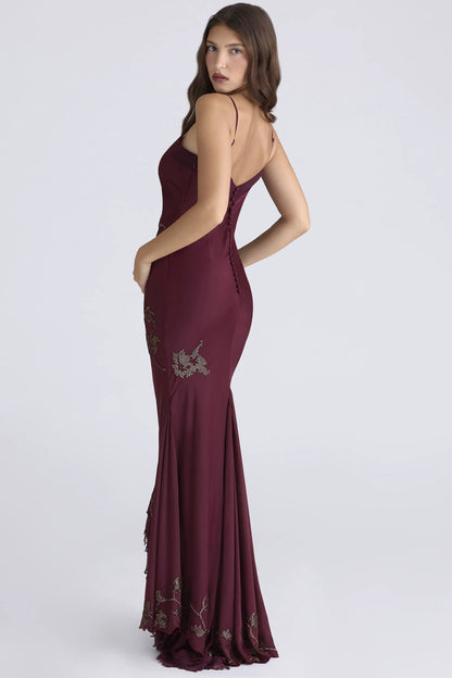 Anastelle Plum Hand Beaded Embellished Satin Maxi Gown - Limited Edition