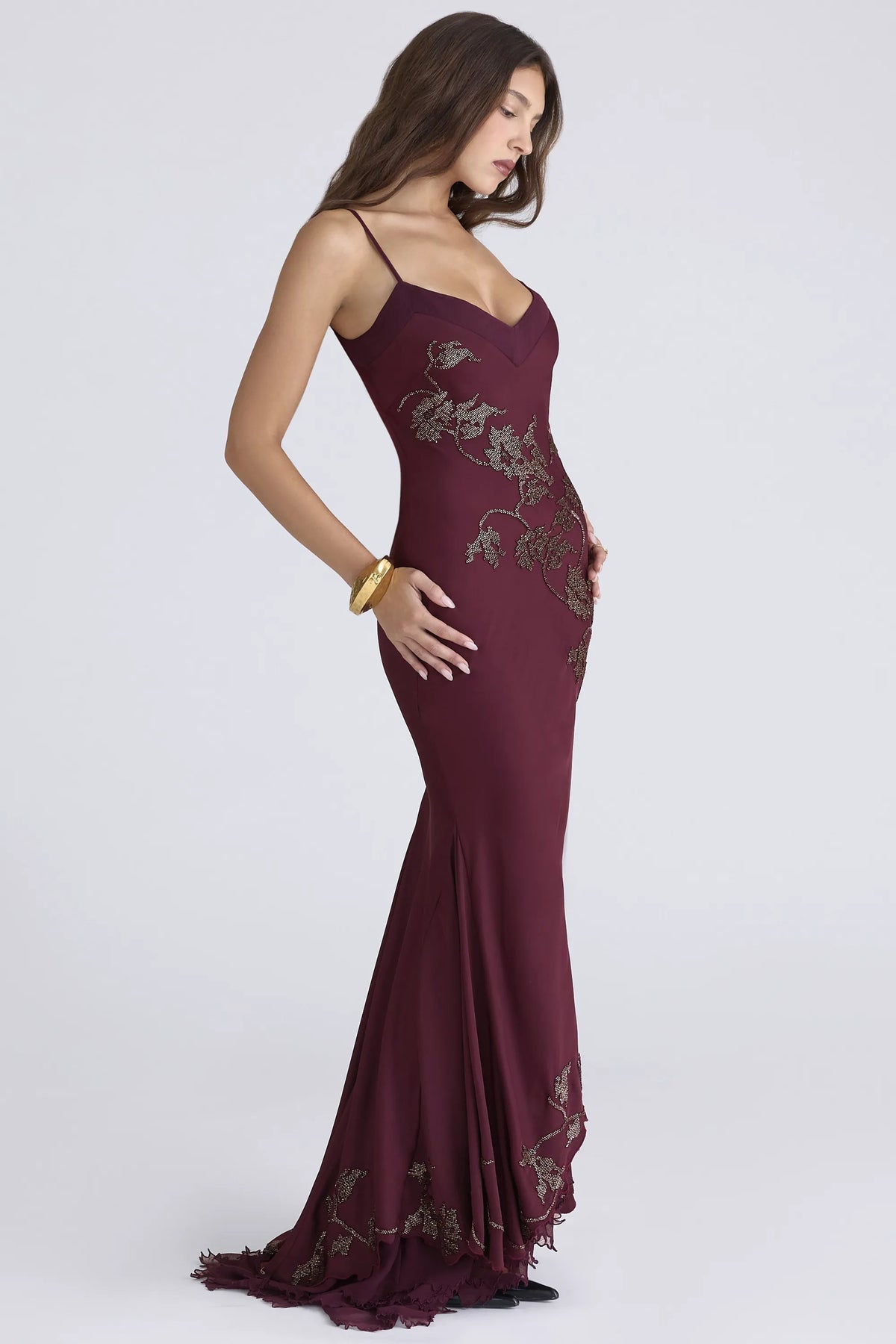 Anastelle Plum Hand Beaded Embellished Satin Maxi Gown - Limited Edition