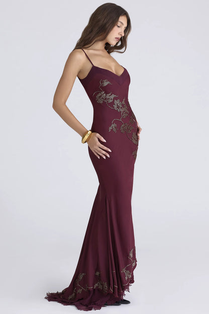 Anastelle Plum Hand Beaded Embellished Satin Maxi Gown - Limited Edition