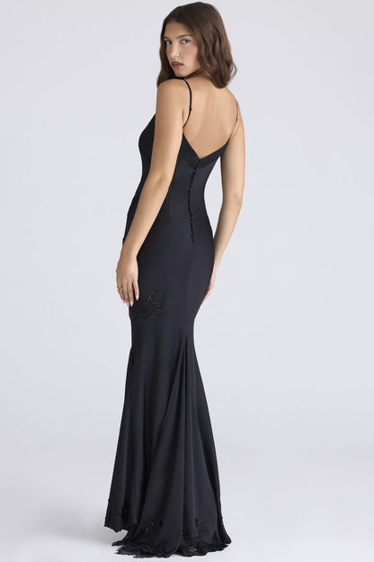 Anastelle Black Hand Beaded Embellished Satin Maxi Dress - Limited Edition