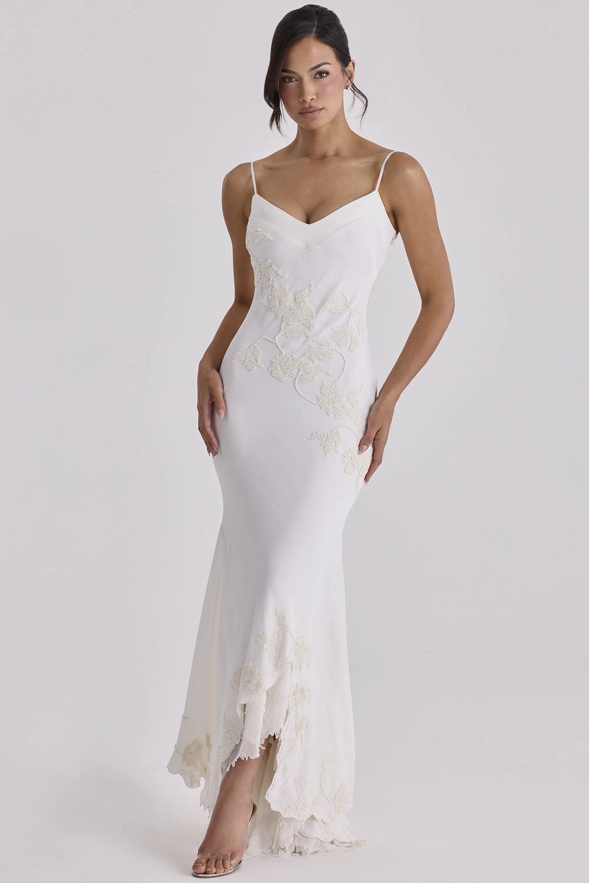Anastelle Vintage Ivory Satin Hand Beaded Embellished Maxi Dress