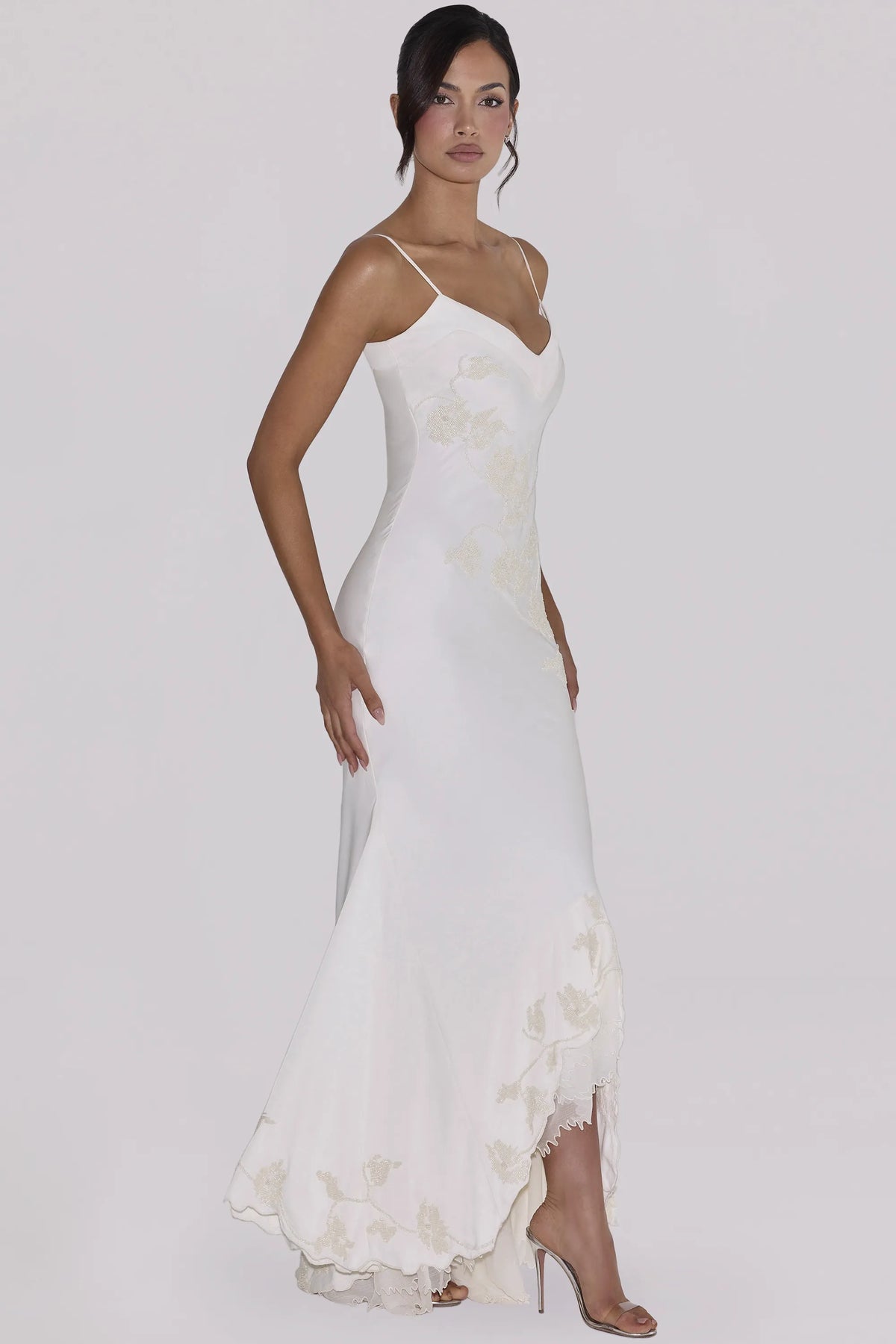 Anastelle Vintage Ivory Satin Hand Beaded Embellished Maxi Dress
