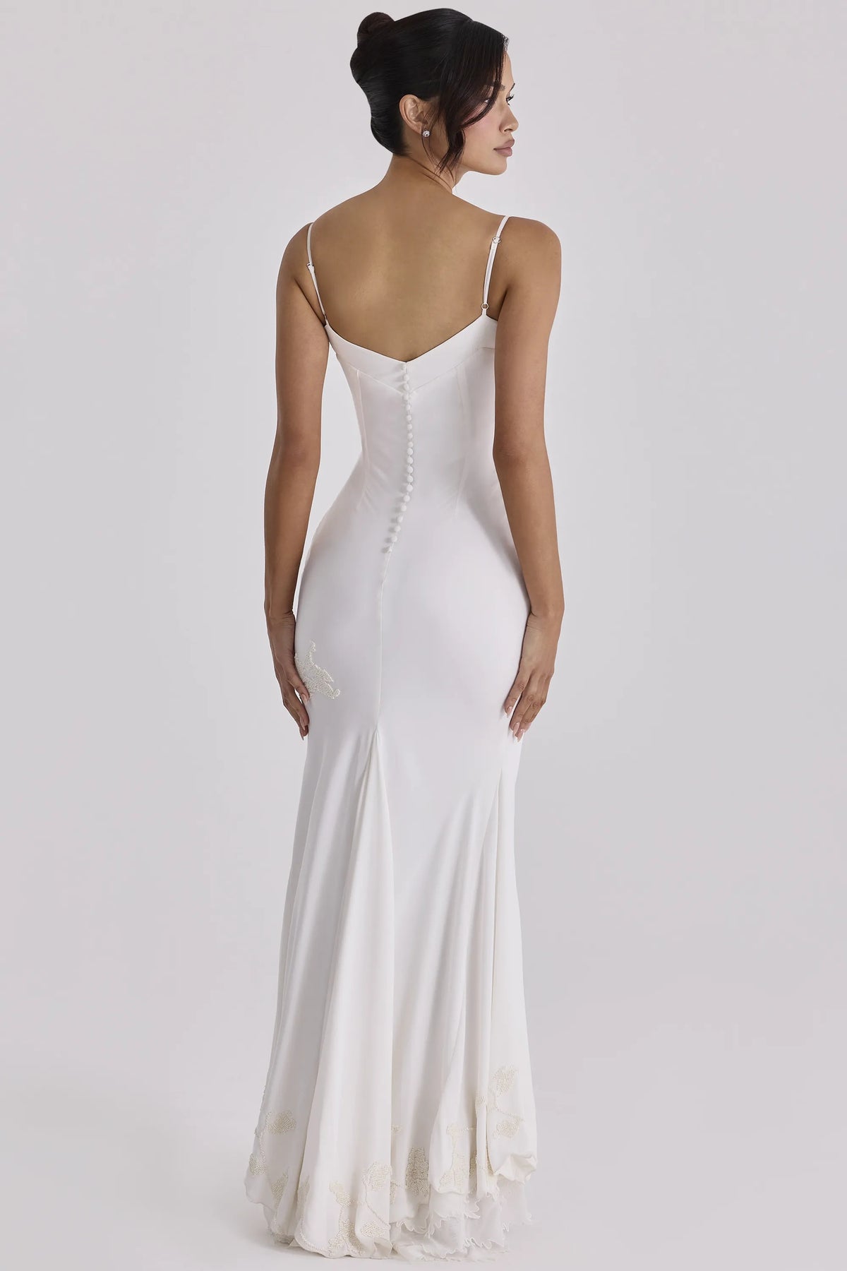 Anastelle Vintage Ivory Satin Hand Beaded Embellished Maxi Dress