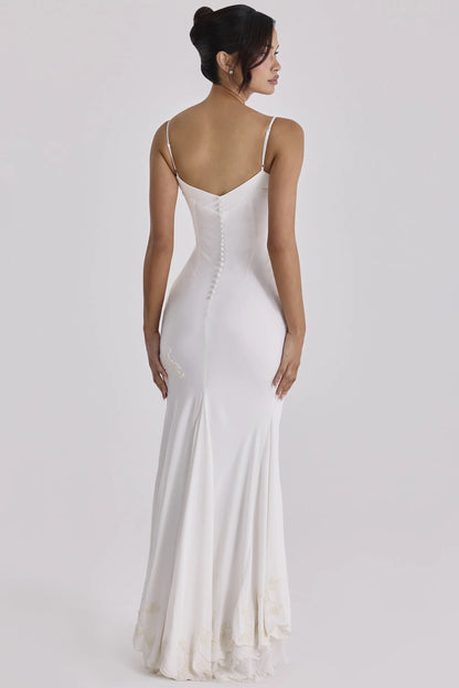 Anastelle Vintage Ivory Satin Hand Beaded Embellished Maxi Dress