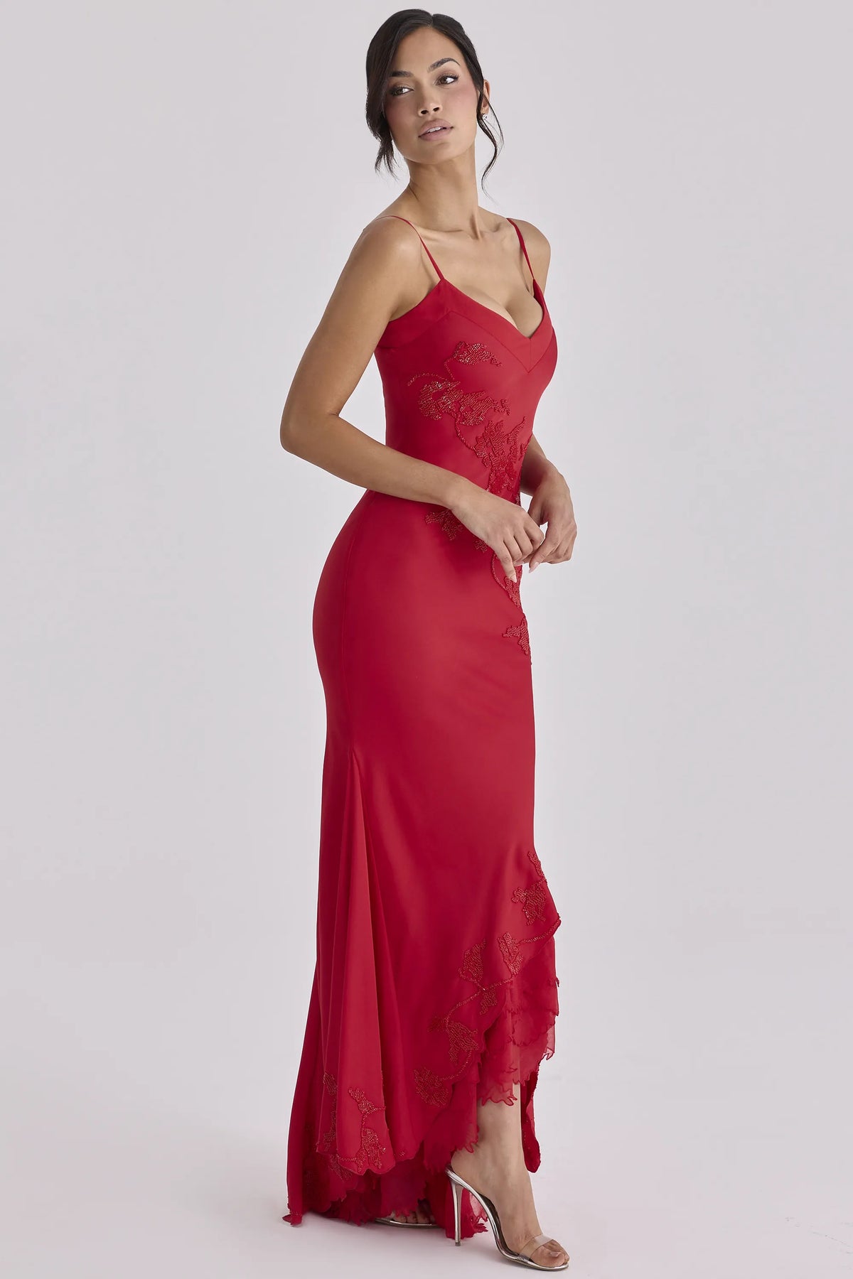 Anastelle Red Hand Beaded Embellished Satin Maxi Dress - Limited Edition