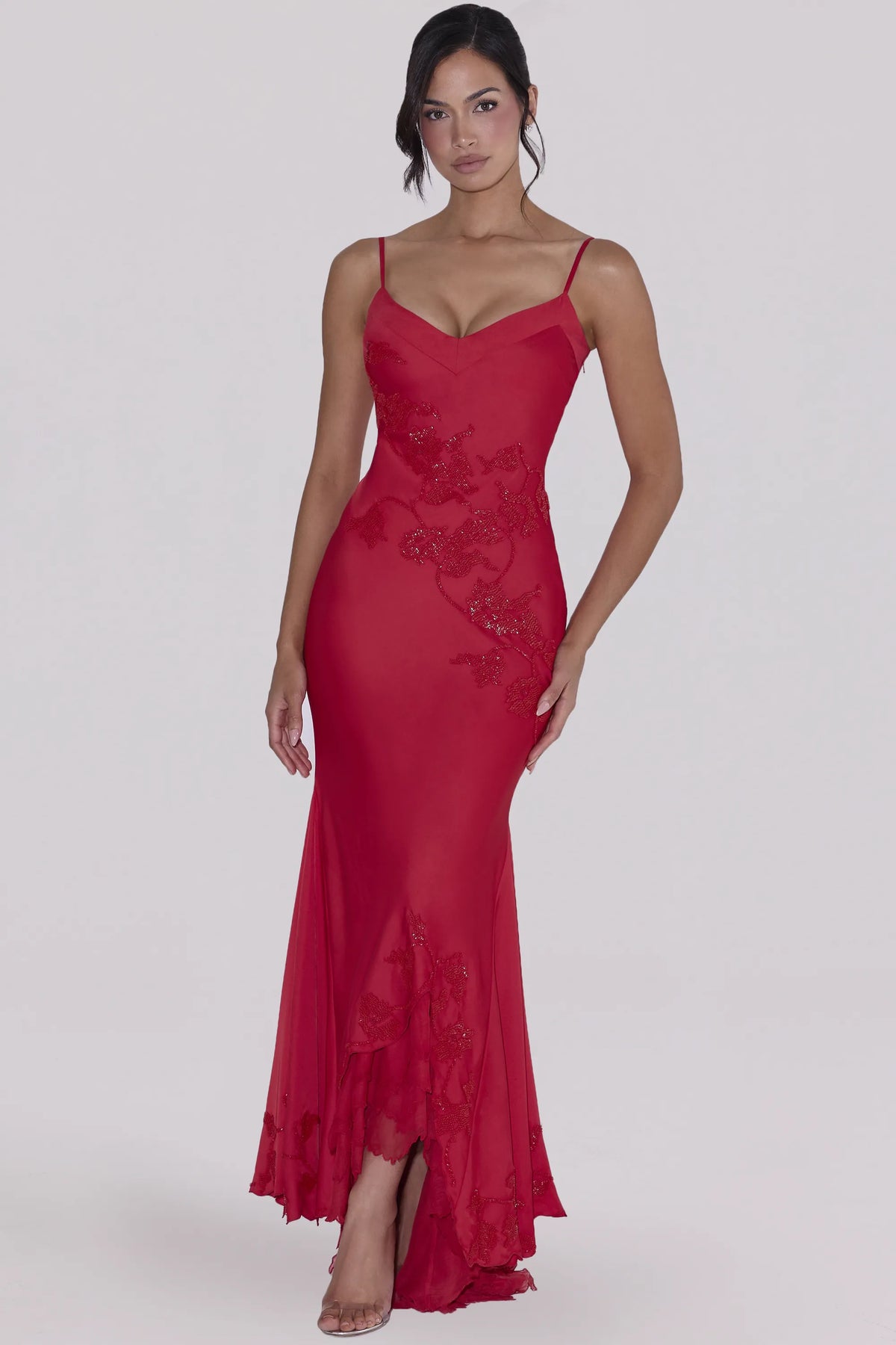 Anastelle Red Hand Beaded Embellished Satin Maxi Dress - Limited Edition