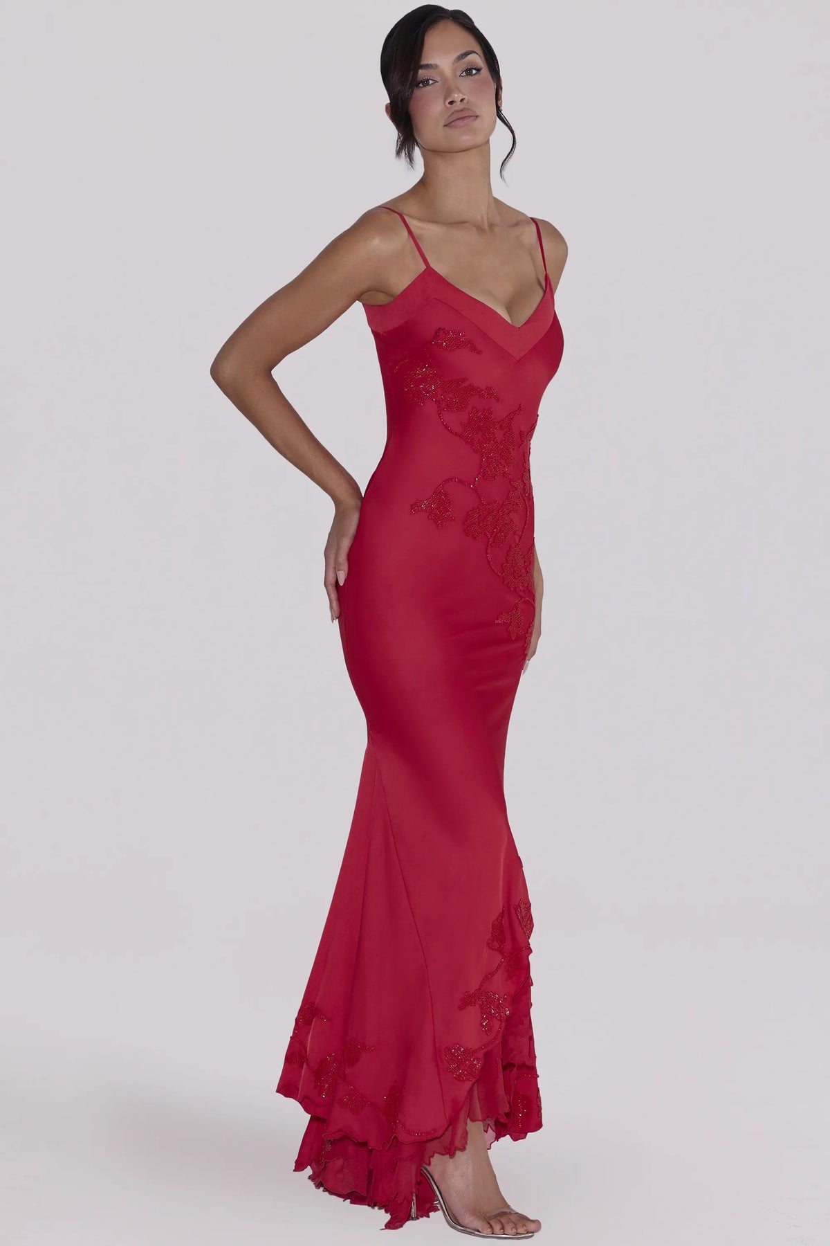 Anastelle Red Hand Beaded Embellished Satin Maxi Dress - Limited Edition