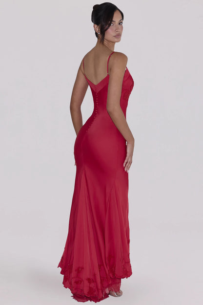 Anastelle Red Hand Beaded Embellished Satin Maxi Dress - Limited Edition