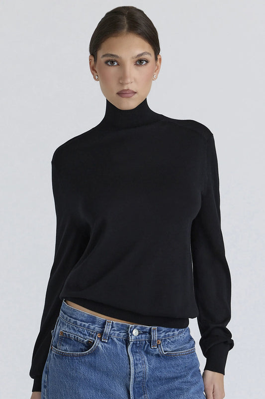 Angel Black Silk + Wool Roll Neck Sweater