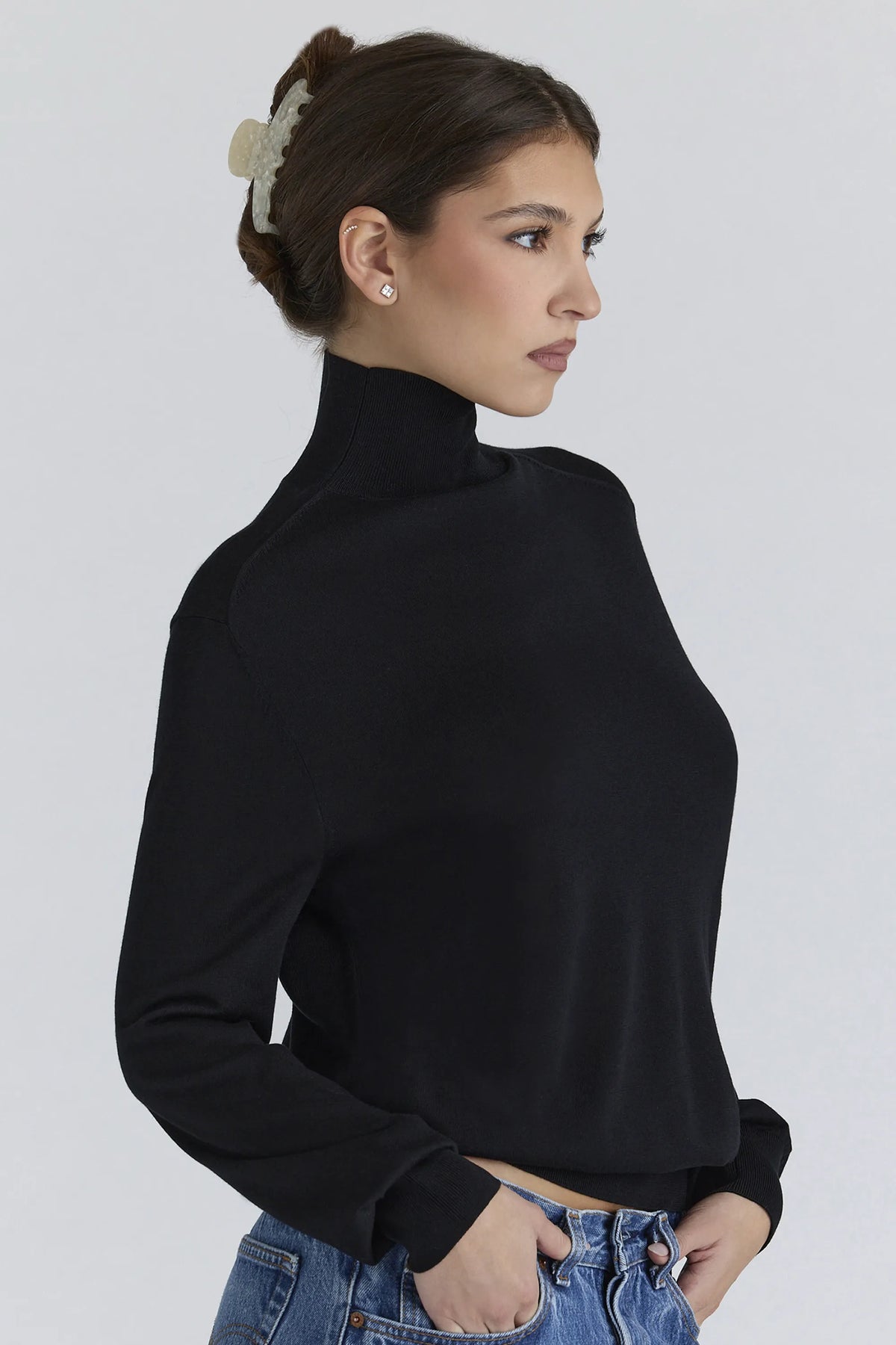 Angel Black Silk + Wool Roll Neck Sweater