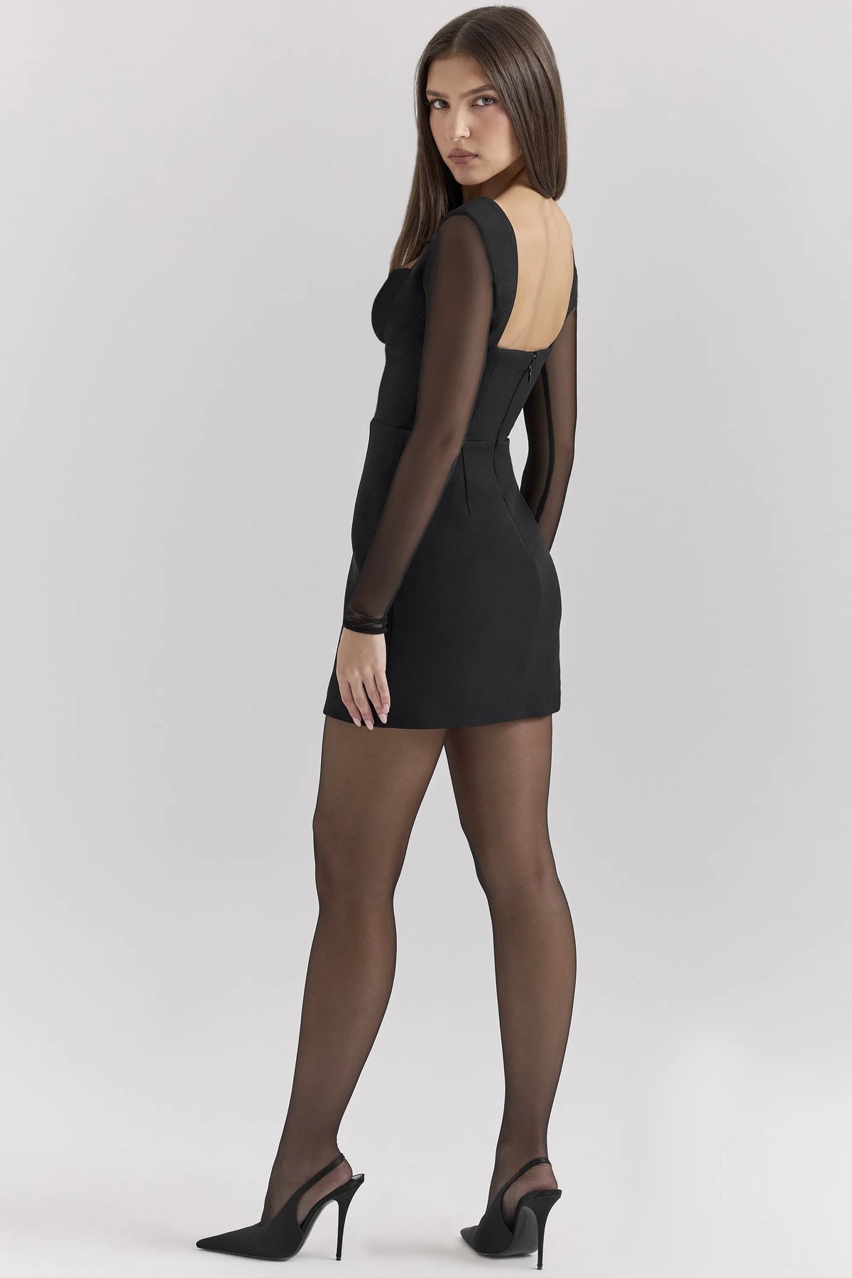 Angelie Black Stretch Crepe Plunge Mini Dress