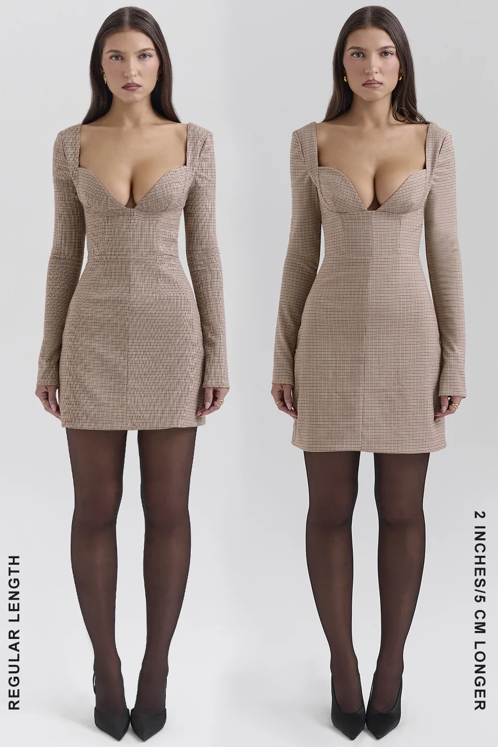 Angelie Brown Puppytooth Check Plunge Mini Dress