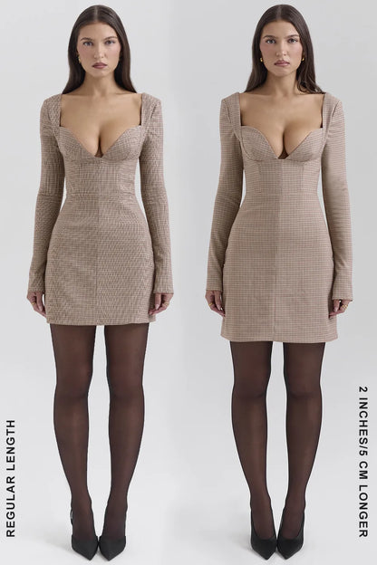 Angelie Brown Puppytooth Check Plunge Mini Dress