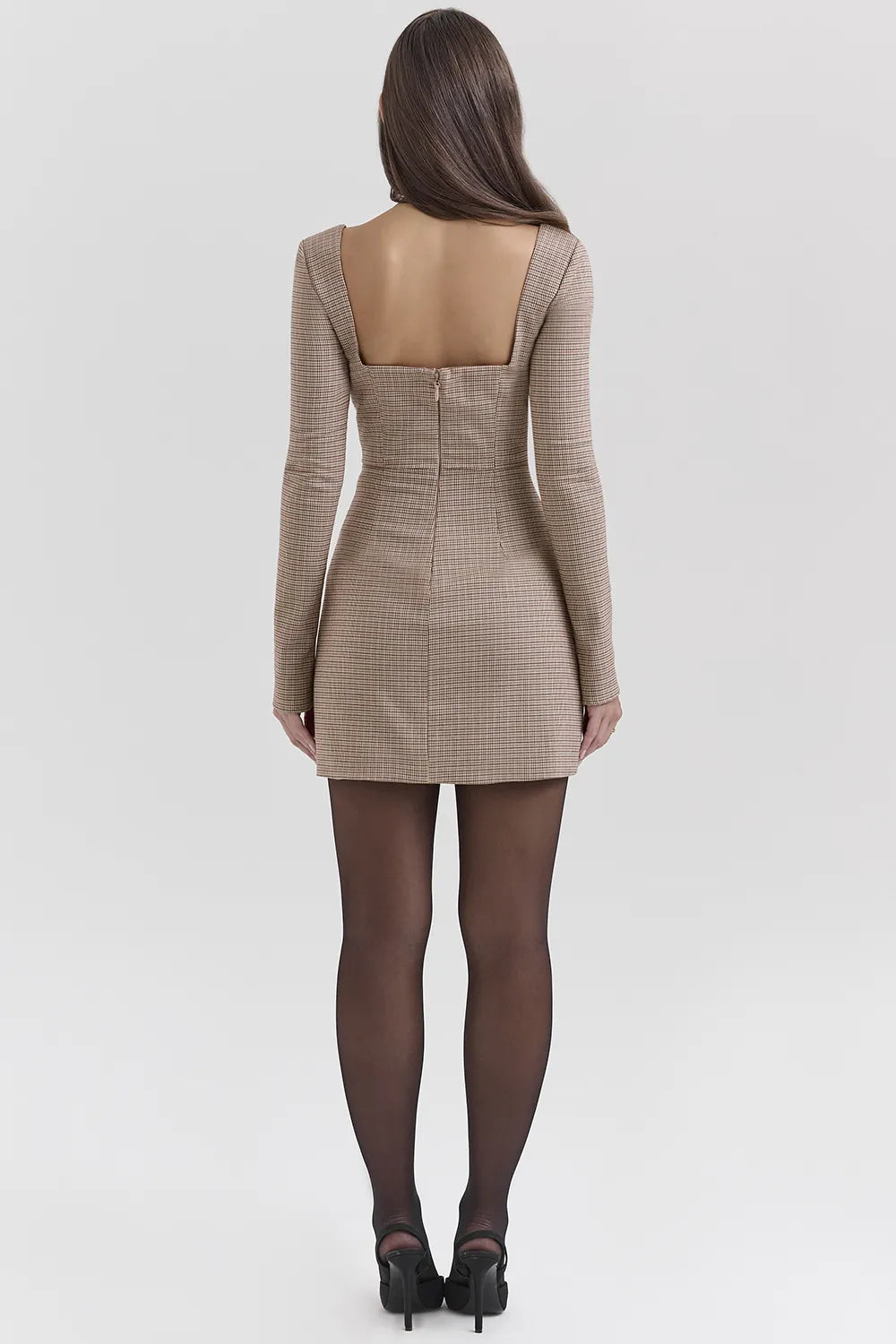 Angelie Brown Puppytooth Check Plunge Mini Dress