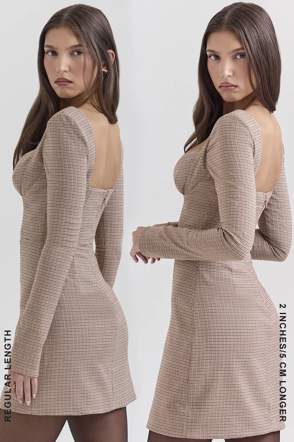 Angelie Brown Puppytooth Check Plunge Mini Dress