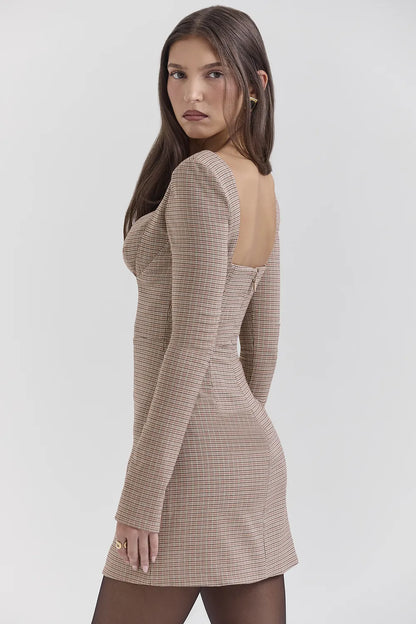 Angelie Brown Puppytooth Check Plunge Mini Dress