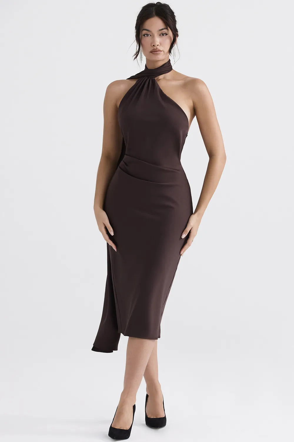 Angelina Chocolate Wrap Neck Midi Dress