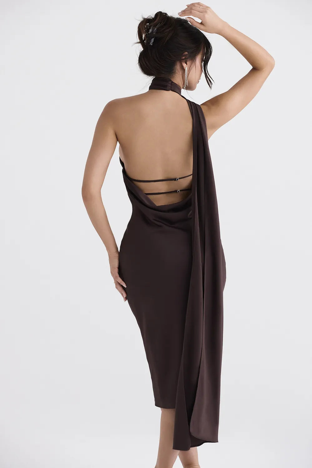 Angelina Chocolate Wrap Neck Midi Dress