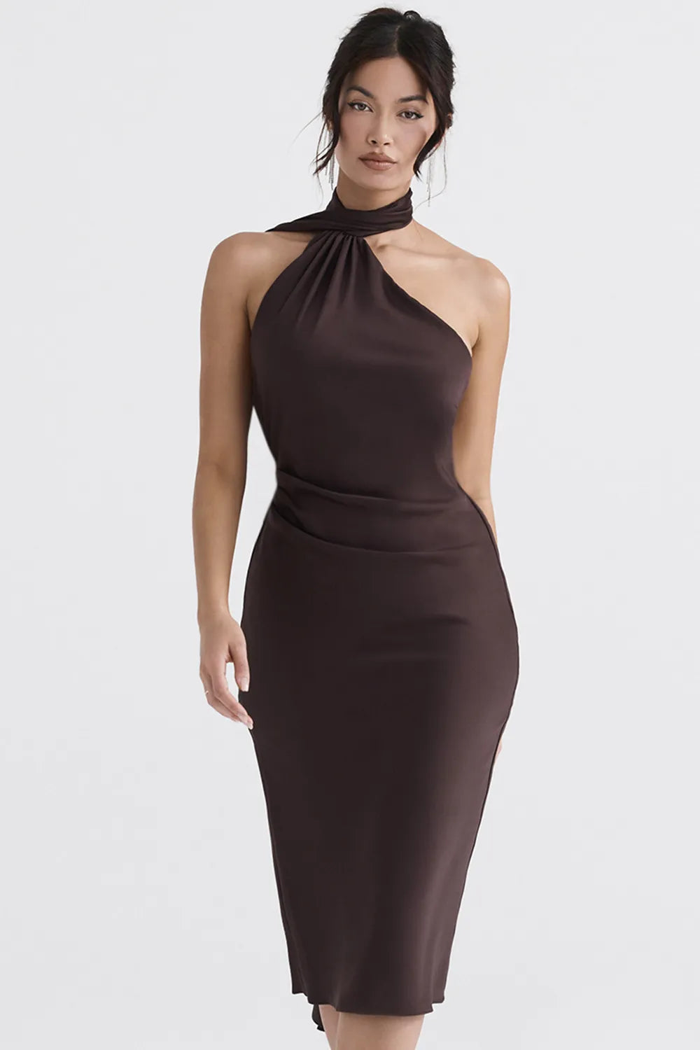Angelina Chocolate Wrap Neck Midi Dress