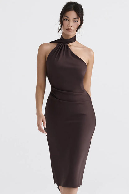 Angelina Chocolate Wrap Neck Midi Dress