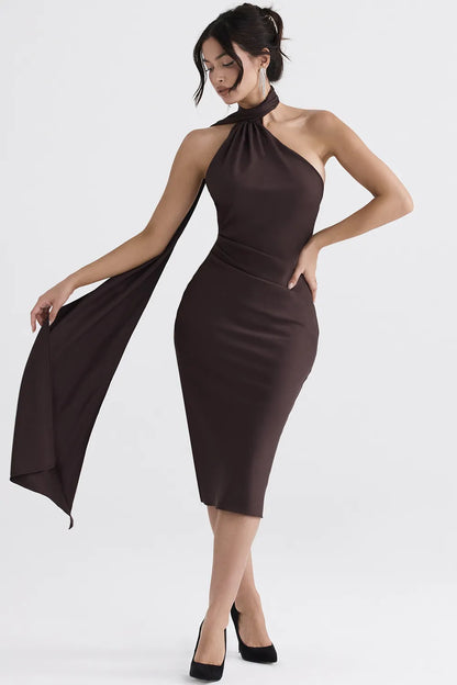 Angelina Chocolate Wrap Neck Midi Dress