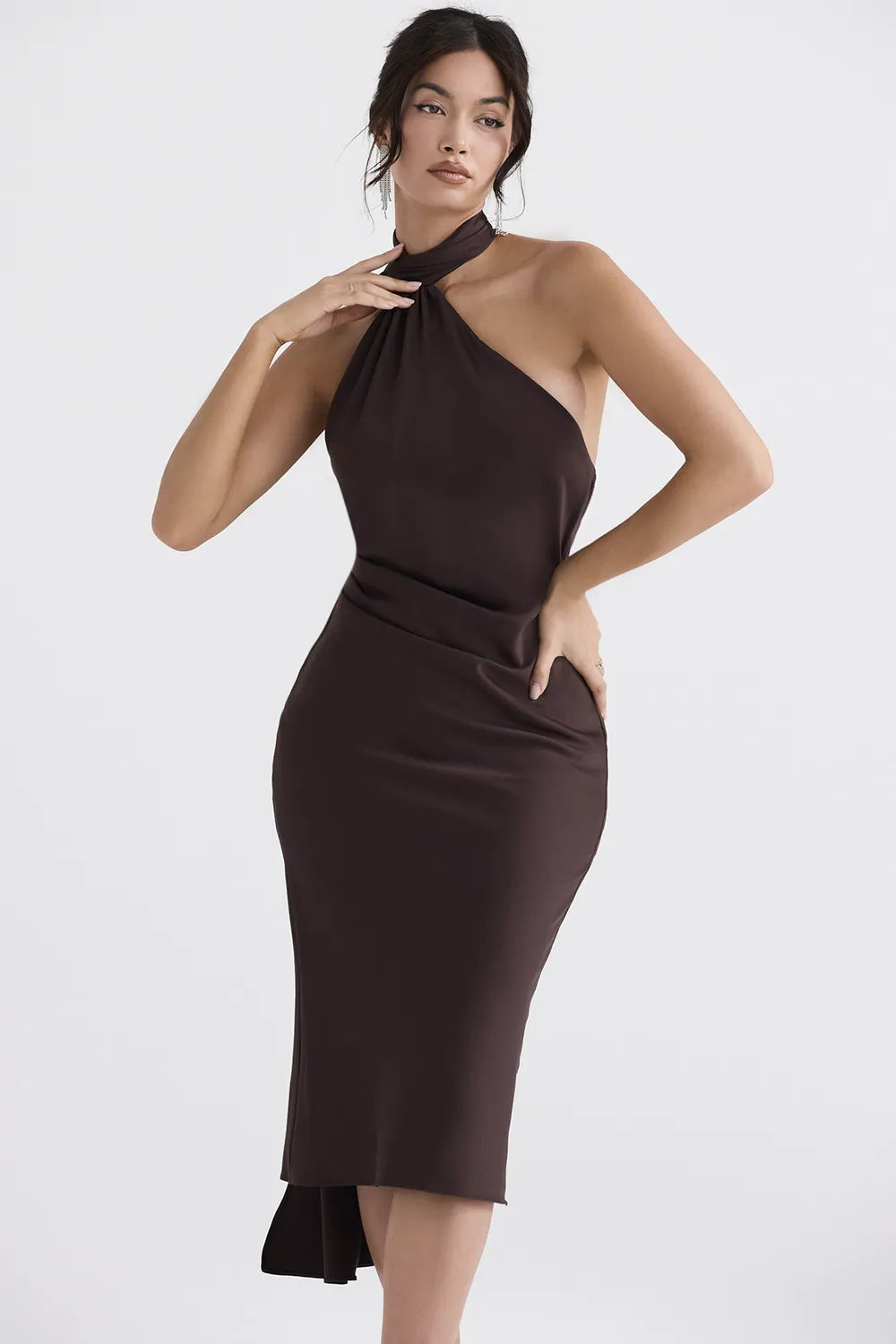 Angelina Chocolate Wrap Neck Midi Dress