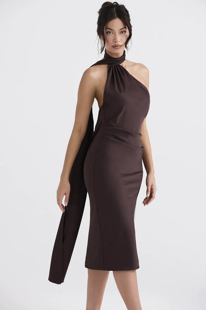 Angelina Chocolate Wrap Neck Midi Dress