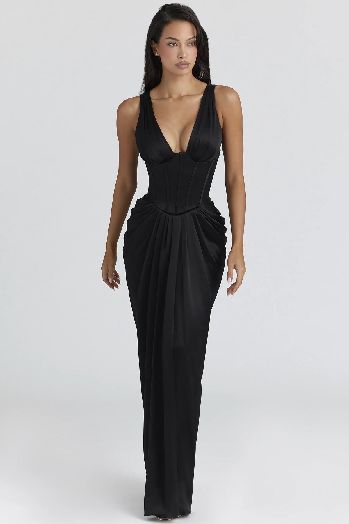 Angeline Black Satin Hourglass Maxi Dress - Limited Edition