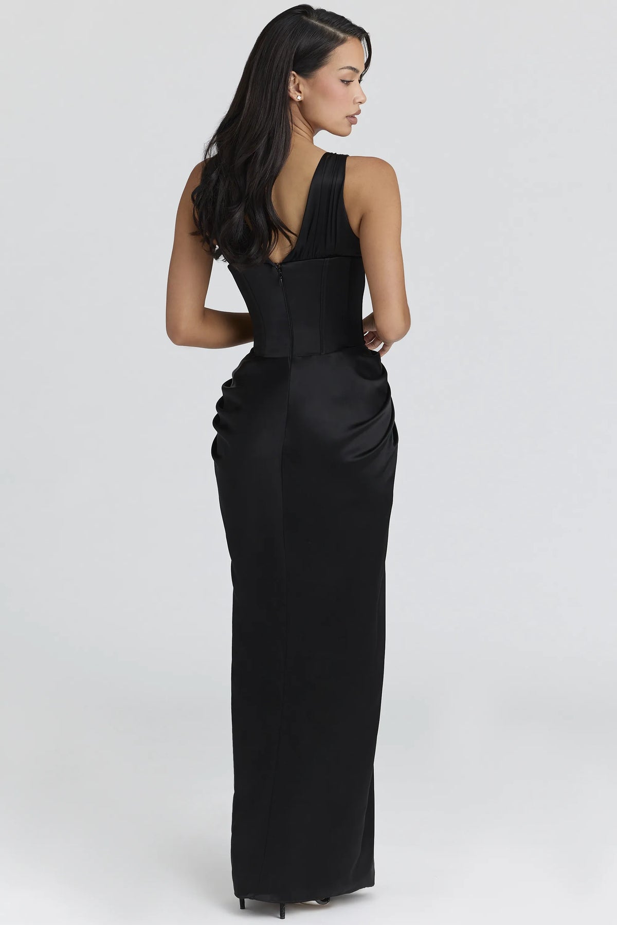 Angeline Black Satin Hourglass Maxi Dress - Limited Edition