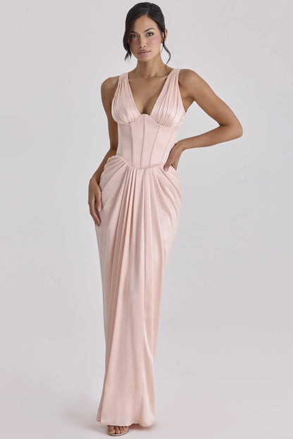 Angeline Blush Satin Corset Maxi Dress - Limited Edition