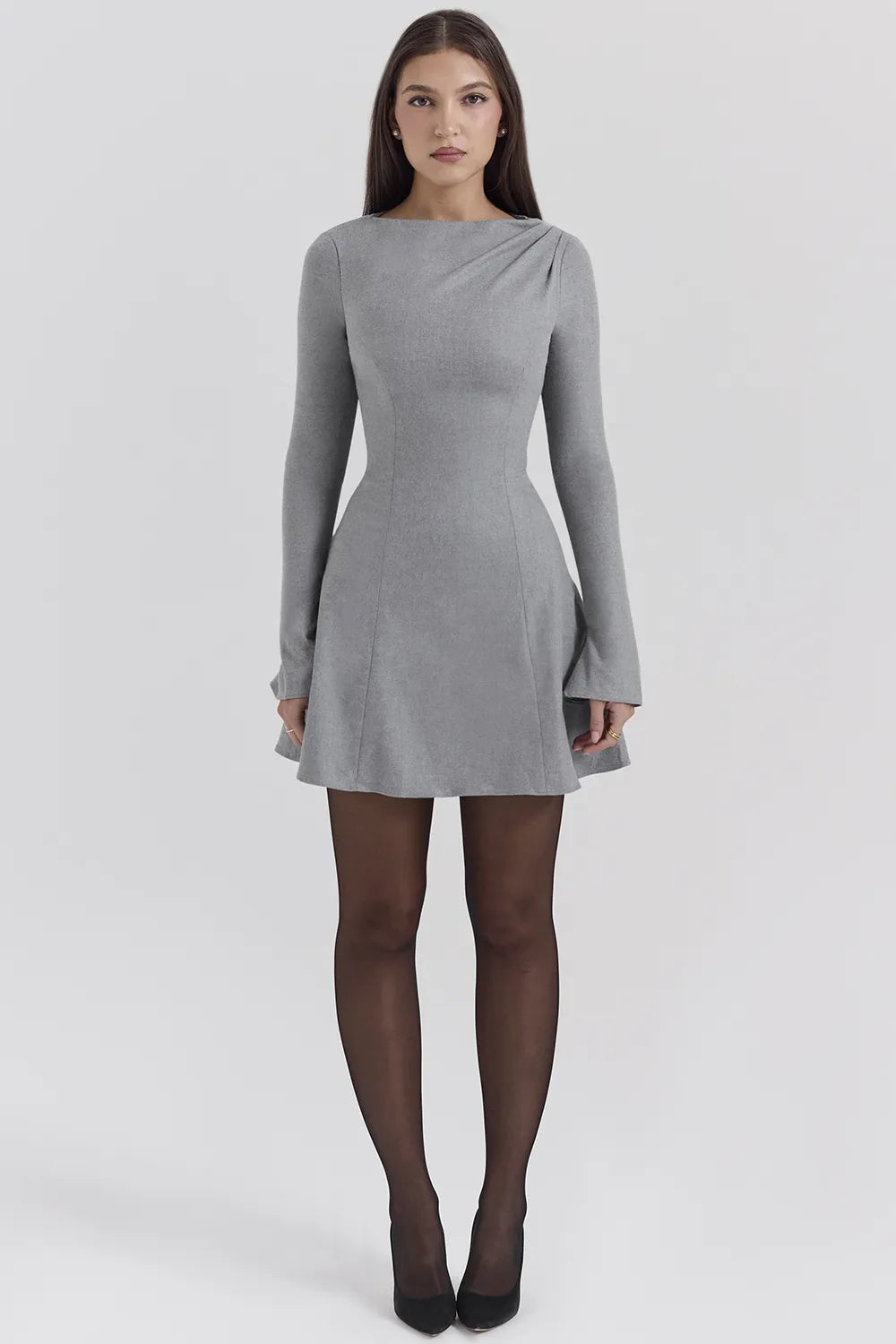 Angelique Grey A-Line Long Sleeve Mini  Dress