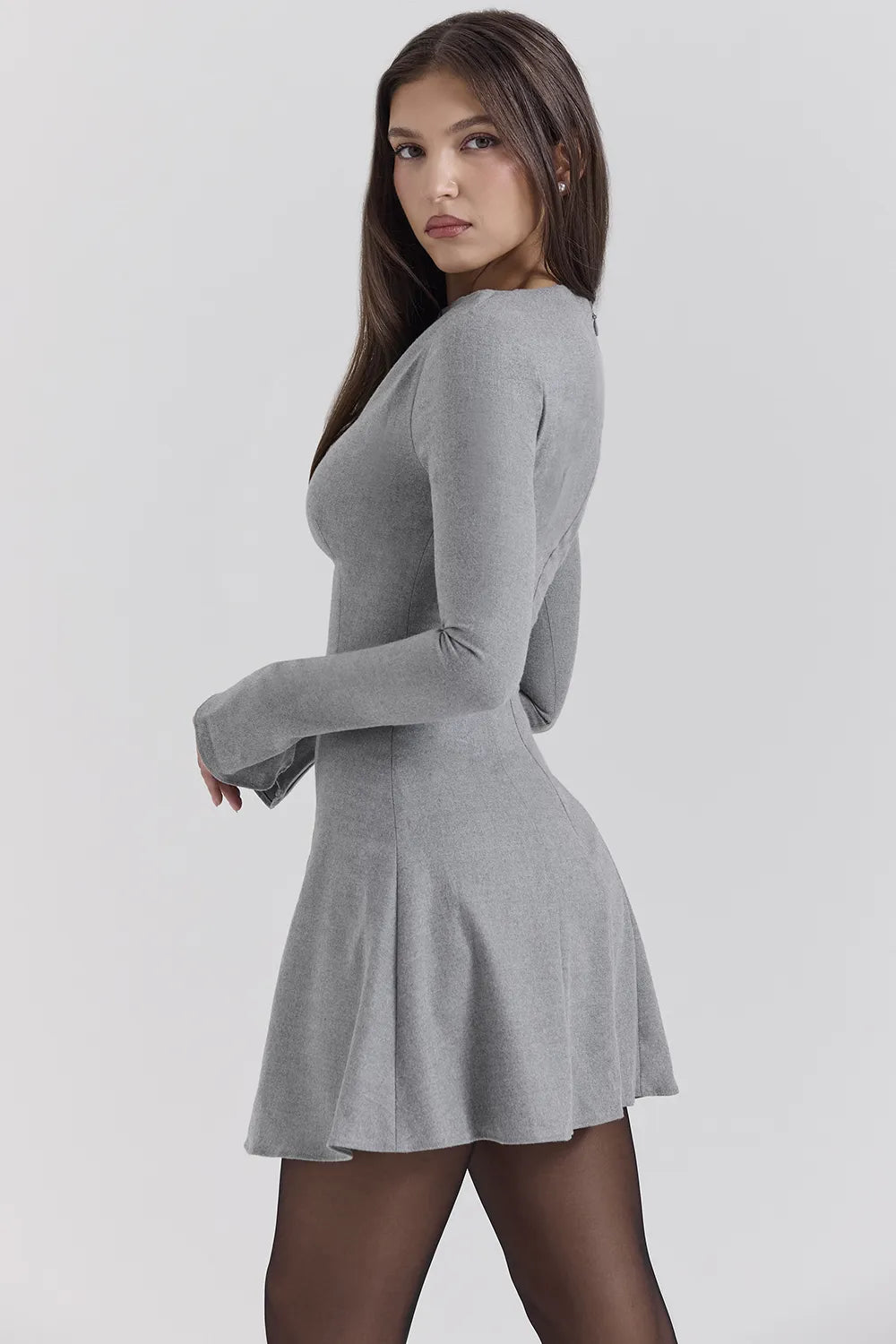 Angelique Grey A-Line Long Sleeve Mini  Dress