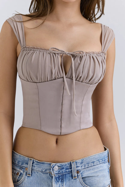 Anja Mocha Georgette Cap Sleeve Corset Top