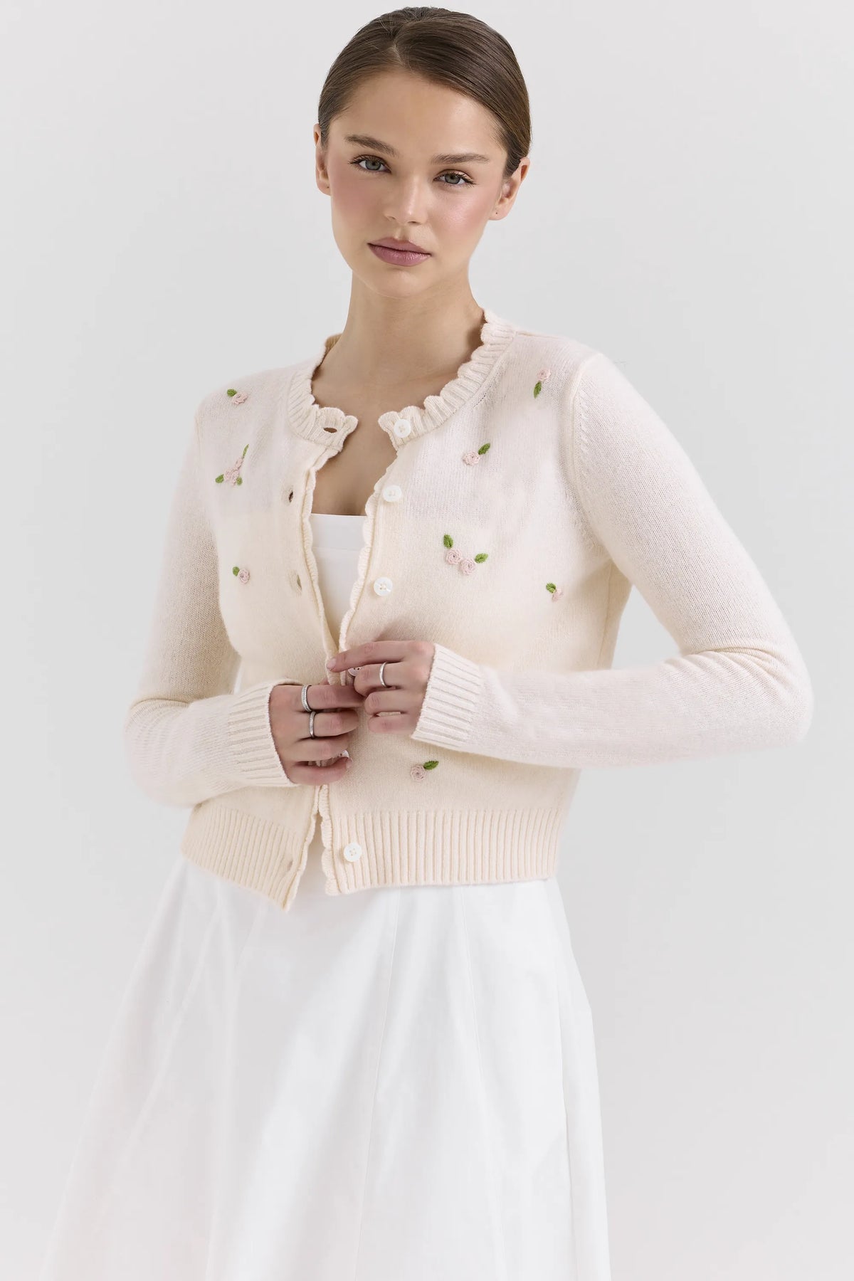 Anjou Cream Lambswool Rose Embroidered Cardigan