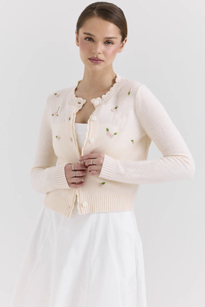 Anjou Cream Lambswool Rose Embroidered Cardigan