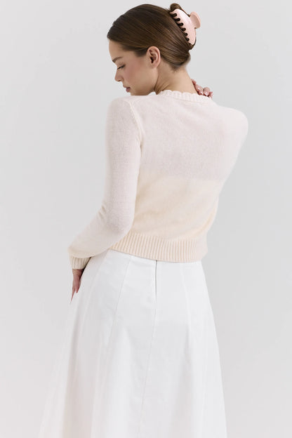 Anjou Cream Lambswool Rose Embroidered Cardigan