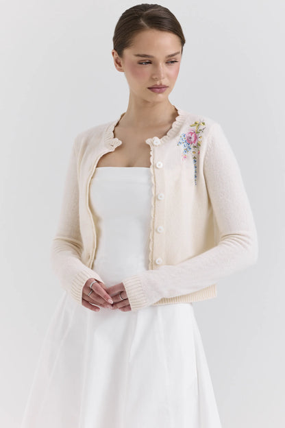 Anjou Cream Lambswool Floral Embroidered Cardigan
