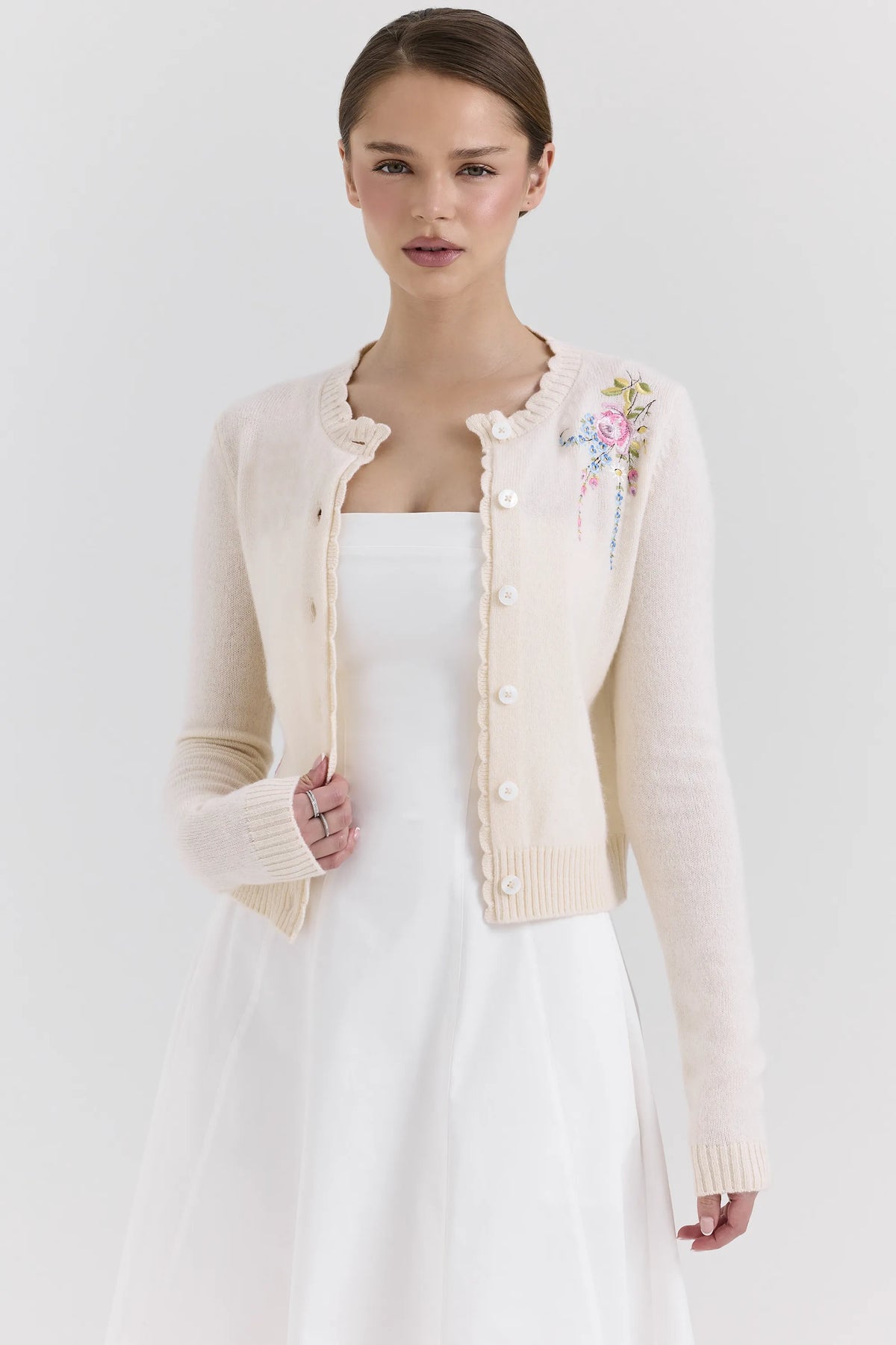 Anjou Cream Lambswool Floral Embroidered Cardigan