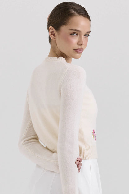 Anjou Cream Lambswool Floral Embroidered Cardigan
