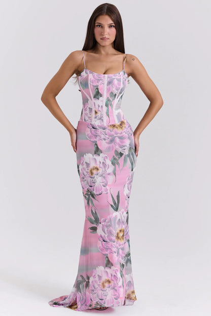 Antonina Pink Floral Corset Maxi Dress