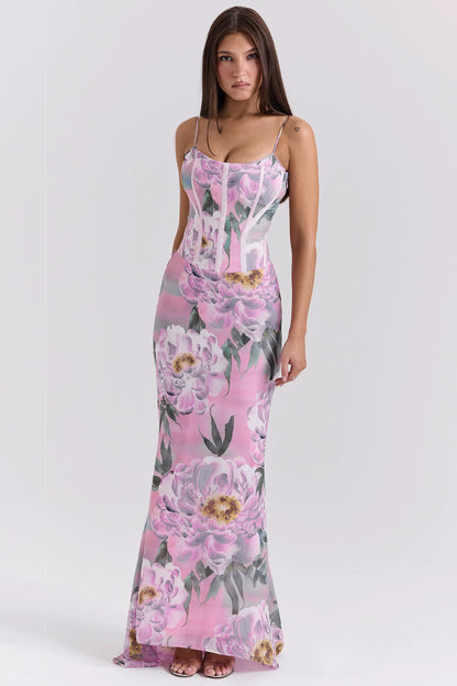 Antonina Pink Floral Corset Maxi Dress