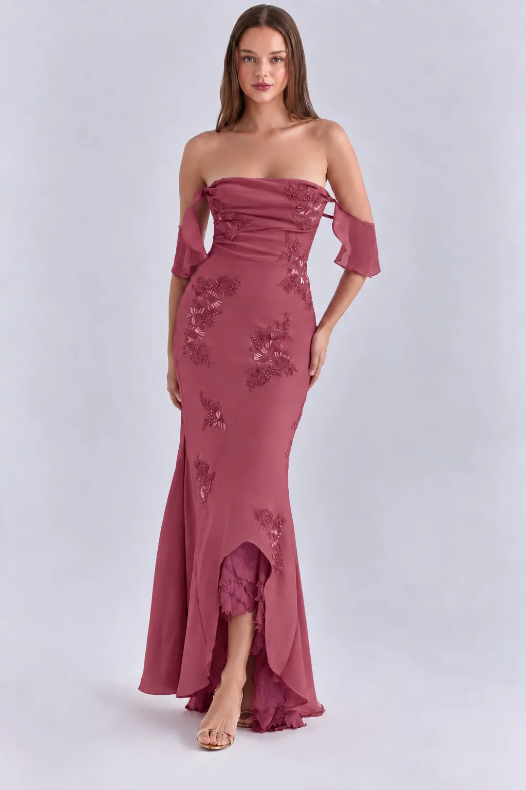 Arabella Rose Pink Satin Embellished Maxi Gown - Limited Edition